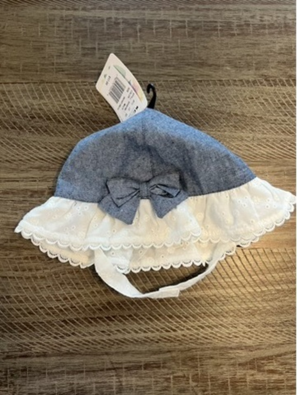 Infant blue jean and white eyelet bonnet - NWT